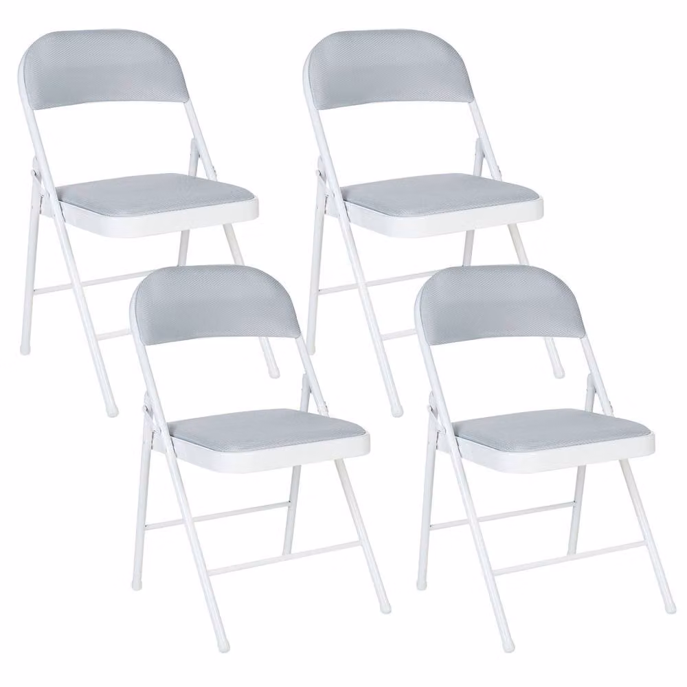 Wyld and Coco Set of 4 Folding Chairs with Light Grey Padded Fabric Seats and White Powder Coated Metal Frames – 2