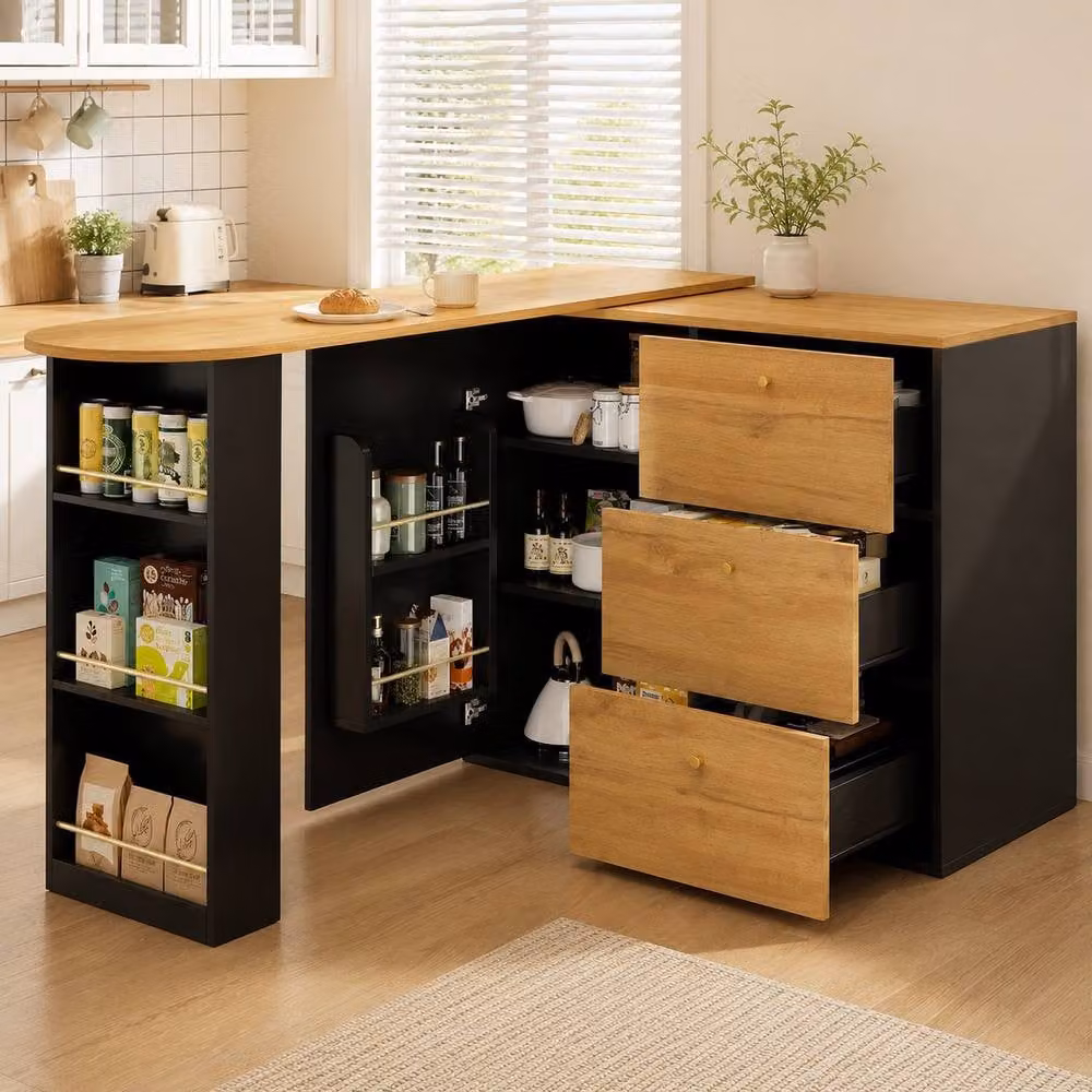 Merax Black Glossy Extendable Kitchen Island Bar Table and Sideboard with 3 Drawers – 2