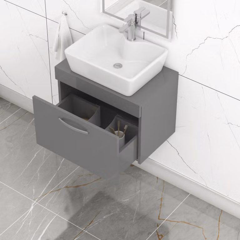 Royal Bathrooms Cube Wall Hung Vanity Unit with 1 Drawer and Countertop Basin in Indigo Grey Gloss