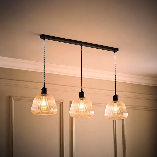 Delora 3-Drop Ribbed Bell Glass Ceiling Pendant Light in Black, H 89 cm