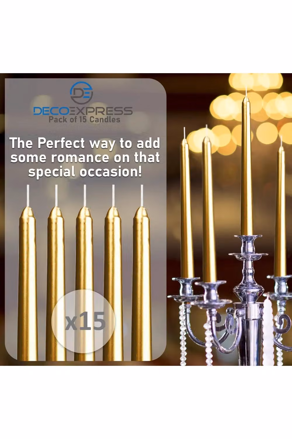 Deco Express Unscented Classic Dripless Tapered Metallic Dinner Candles in Gold, 15 Pack – 4