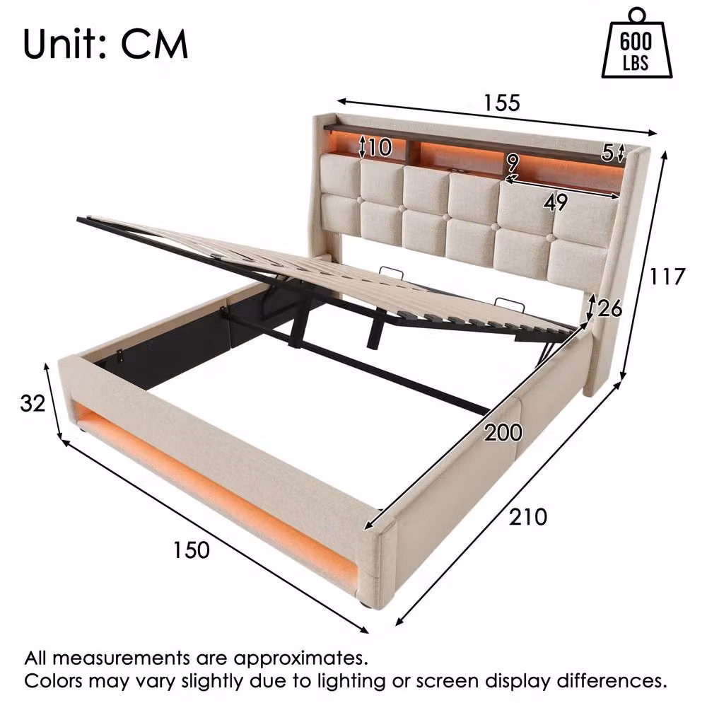 STILVORA Upholstered 5ft King Bed in Beige with LED Lighting, USB Charging Ports and Lift-Up Storage Base (W/D/H: 180 x 200 x 117 cm) – 2