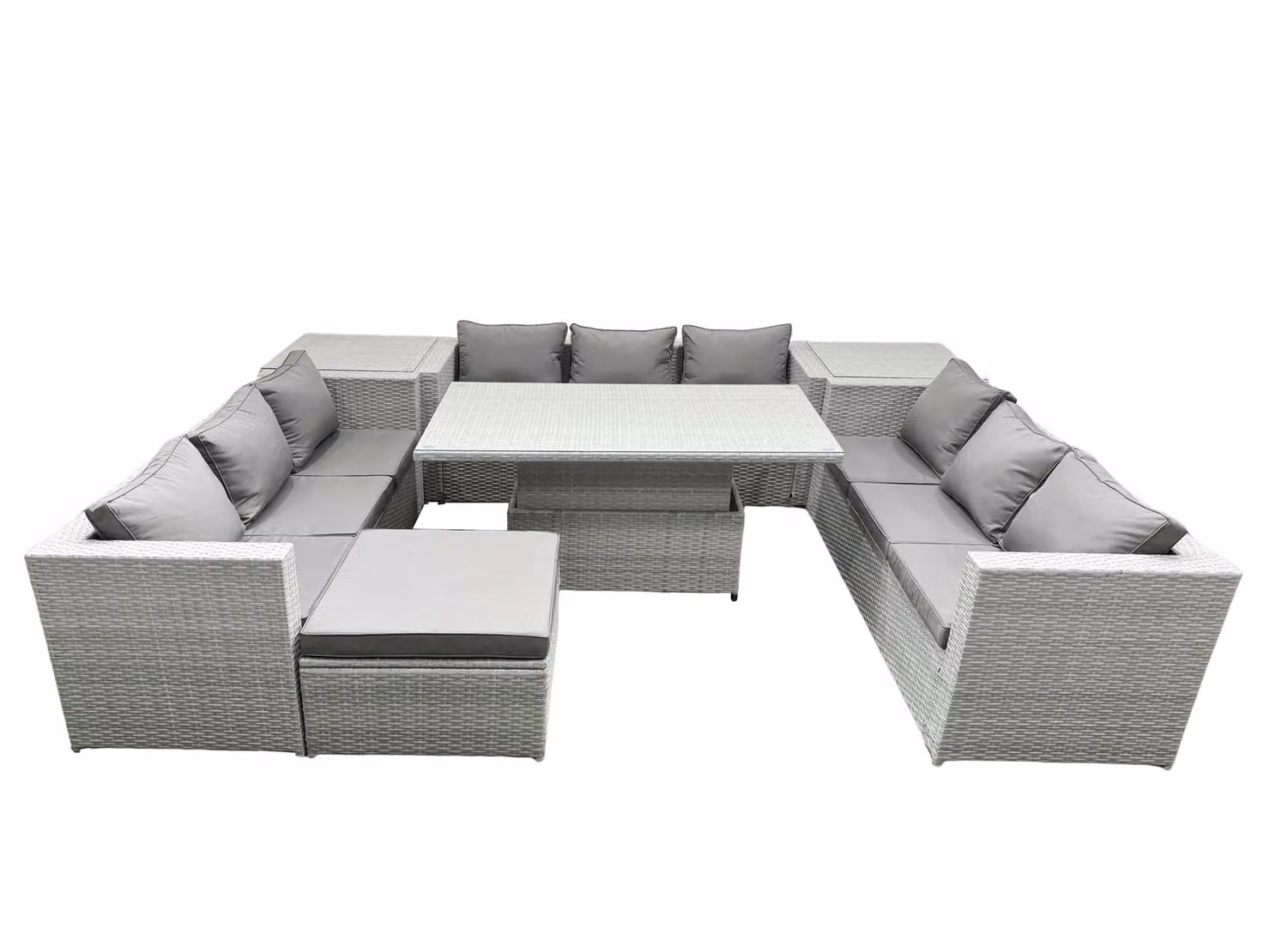 Fimous U-Shape Rattan Garden Furniture Set with Adjustable Rising Lifting Dining Table and 2 Side Coffee Tables in Light Grey – 2