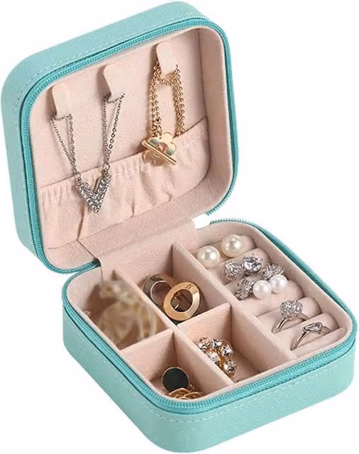 KORVIXA Portable Jewellery Box Organizer in Blue and Turquoise Fabric
