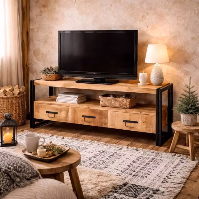 Wyld Haus Toivakka Industrial Reclaimed Wood and Metal TV Unit with 3 Drawers, Brown – 1