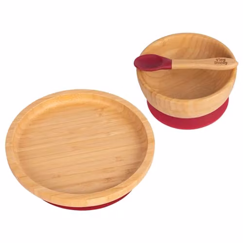 Tiny Dining 3pc Red Bamboo and Silicone Baby Weaning Set with Divided Plate and Bowl – 1