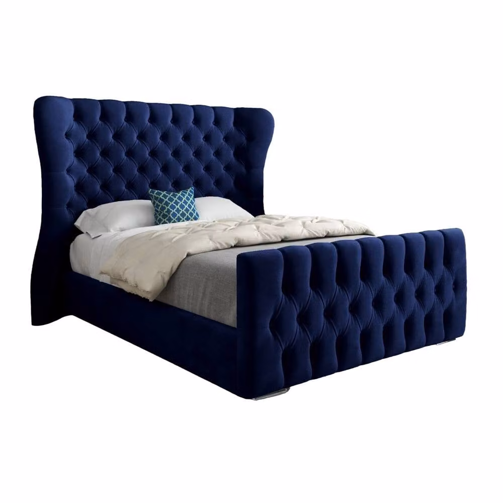Casani Reydon Blue Velvet Upholstered Designer Bed Frame W/D/H: 137 x 120 x 128 cm – 2
