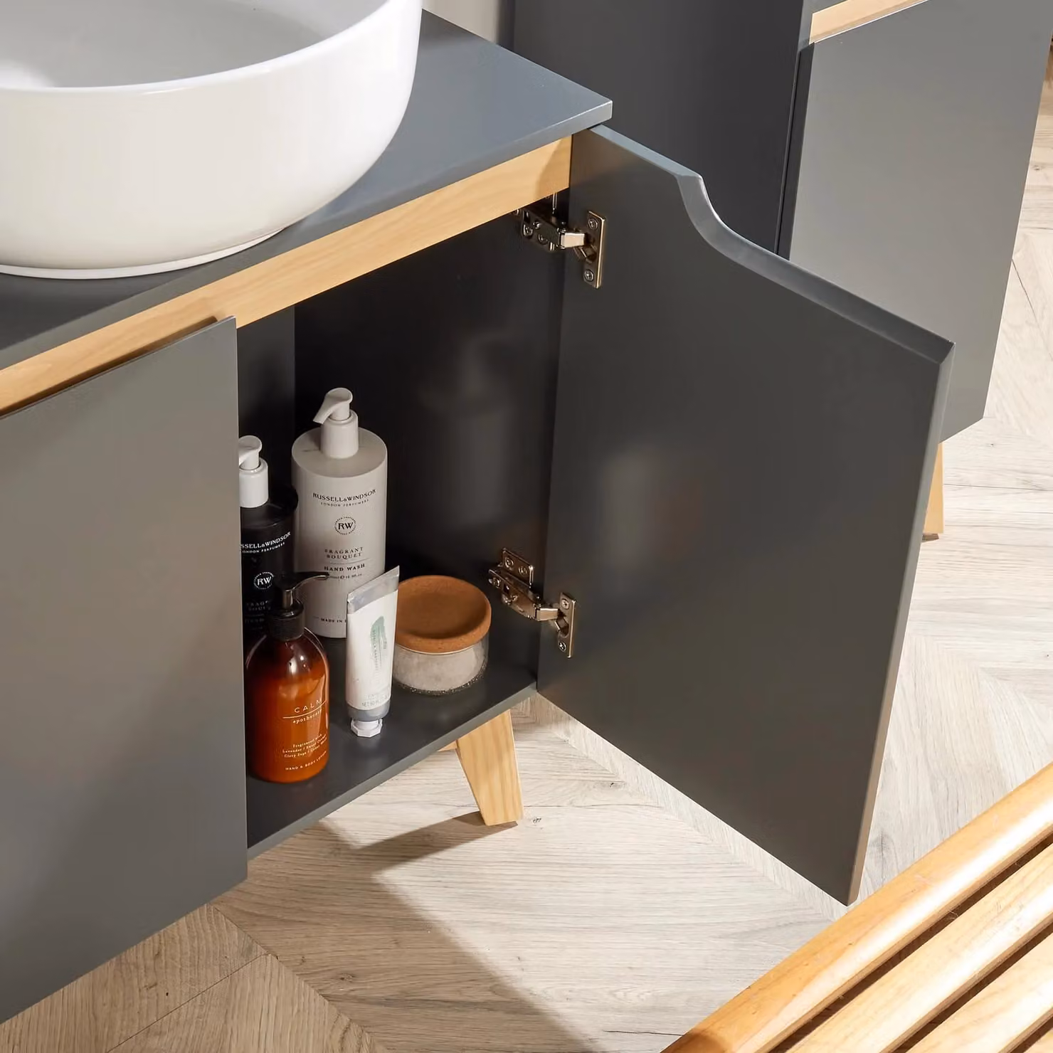 Home Source Dark Grey Under Sink Bathroom Storage Cupboard with Hinged Doors and Internal Shelves – 2
