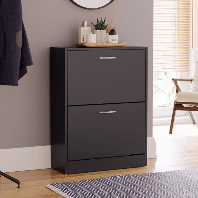 HD Designs Vida Designs Modern Black 2 Drawer Shoe Cabinet with Tilting Compartments – 1