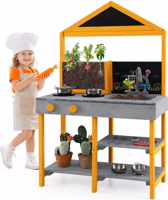 Costway Wooden Kids Kitchen Playset in Grey