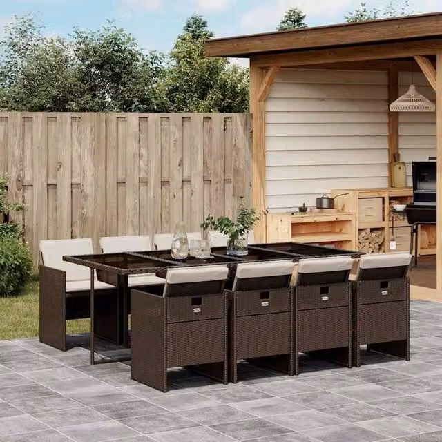 Berkfield Home 9 Piece Brown Poly Rattan Garden Dining Set with Cushions and Glass Tabletop