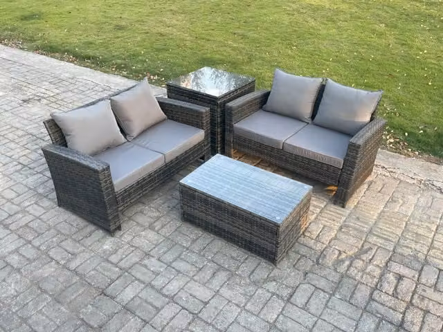 Fimous Wicker Rattan Garden Furniture Set in Dark Grey with 2 Seater Sofa, Coffee Table and Side Table