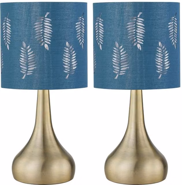 First Choice Lighting Romana Set of 2 Antique Brass Touch Table Lamps with Teal Fabric Shades