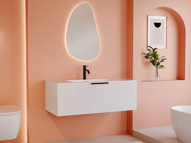 Vente-unique Striped Wall-Mounted Bathroom Vanity Unit with Inset Basin, White, W: 100 cm, H: 45.5 cm, D: 35 cm – 1