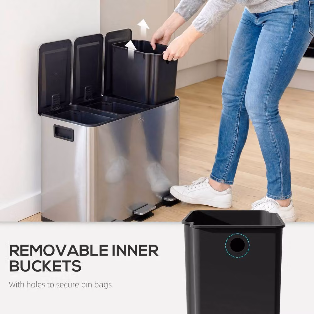 STILVORA Triple 20L Pedal Bin in Silver Stainless Steel with Soft Close Lid and Odour Filter – 7