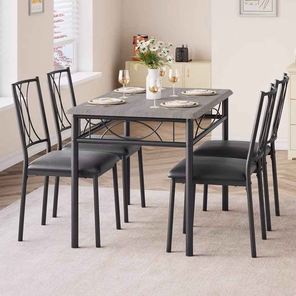 London Boutique 5-Piece Modern Dining Set with Rectangular Table and 4 Grey Upholstered Chairs – 6