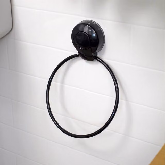 Showerdrape PushLoc Black Metal Suction Wall Mounted Towel Ring