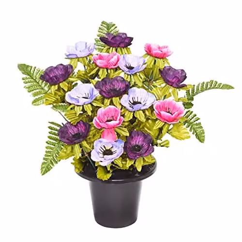 Sincere Floral Artificial Rose and Anemone Memorial Graveside Flower Bowl in Purple and Multicolour, Height: 29 cm