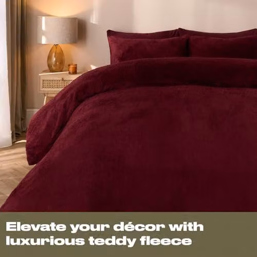 OHS Thermal Soft Teddy Fleece Duvet Cover and Pillowcase Set, Red, Duvet Cover: 200 x 200 cm, Pillowcase: 50 x 75 cm – 2