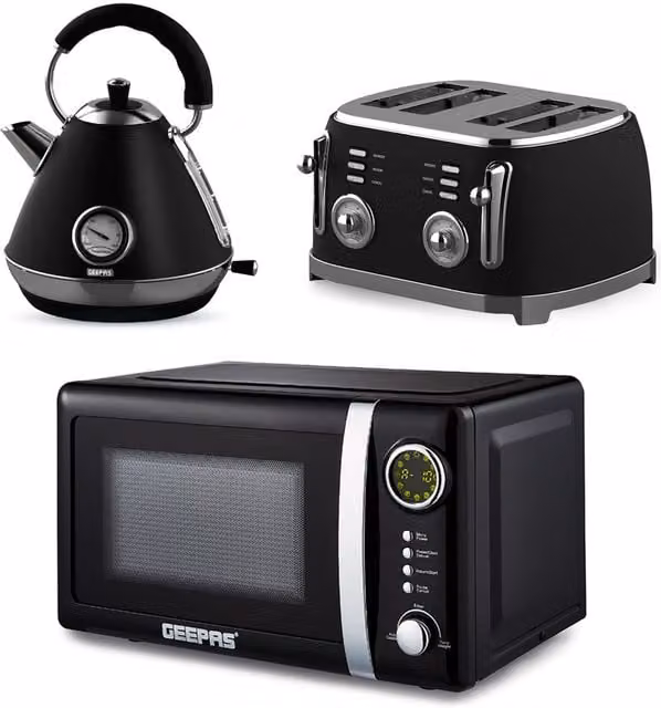 Geepas Retrovive Black Kitchen Combo Set including 1.7L Electric Kettle, 4 Slice Toaster and 20L Digital Microwave Oven – 1