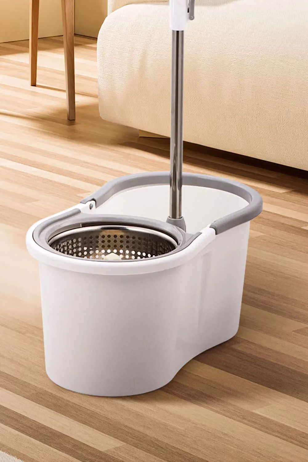 Living and Home 360 Degree Rotating Hands-free Wringing Cleaning Mop Bucket Set with 2 Mop Heads in Grey and White – 2