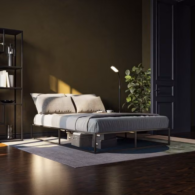 tectake Kyoto Bed Frame in Black with Metal Frame, Wood Slats and Storage Drawers, Height: 25.5 cm