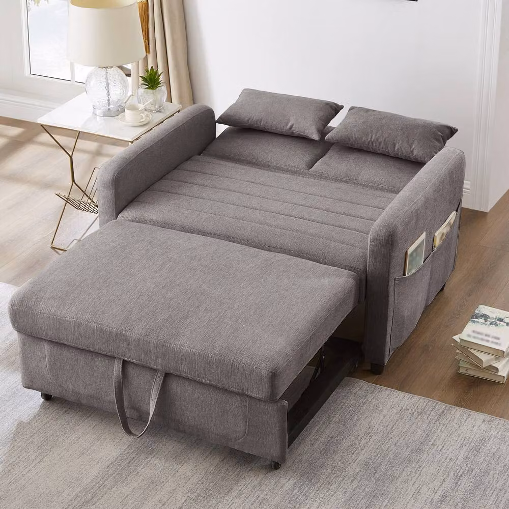 BTM 2 Seater Convertible Sofa Bed in Grey with Pull Out Drawer and Adjustable Headrest – 2