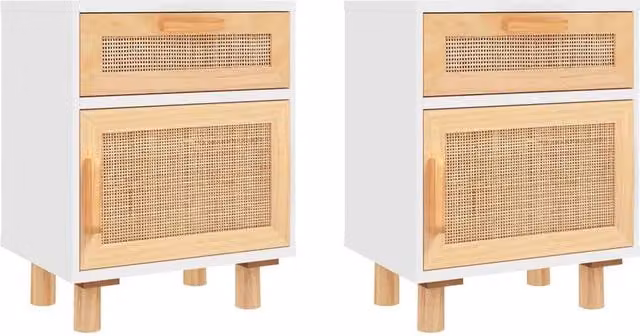 Berkfield Home Set of 2 White Solid Pine Bedside Cabinets with Natural Rattan