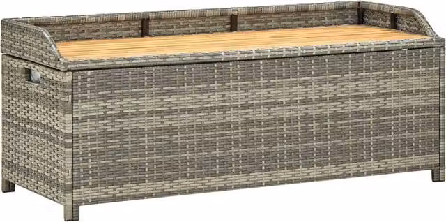 Berkfield Home Grey Poly Rattan Garden Storage Bench with Acacia Wood