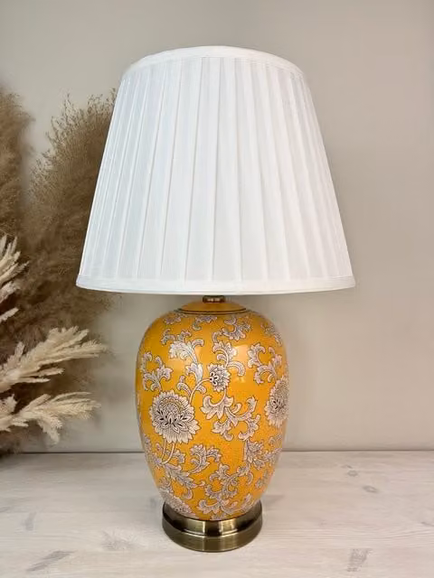 Downton Interiors Yellow and White Floral Ceramic Table Lamp with Pleated Fabric Shade