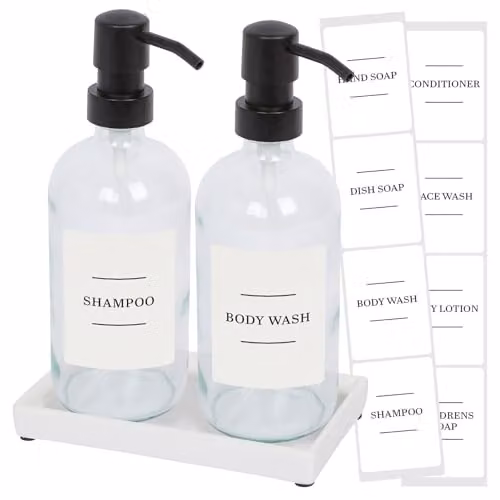 Harbour Housewares 2 Piece Glass Soap Dispenser Set with Ceramic Tray and Labels, 500ml, Transparent with Black Pumps and White Labels – 1