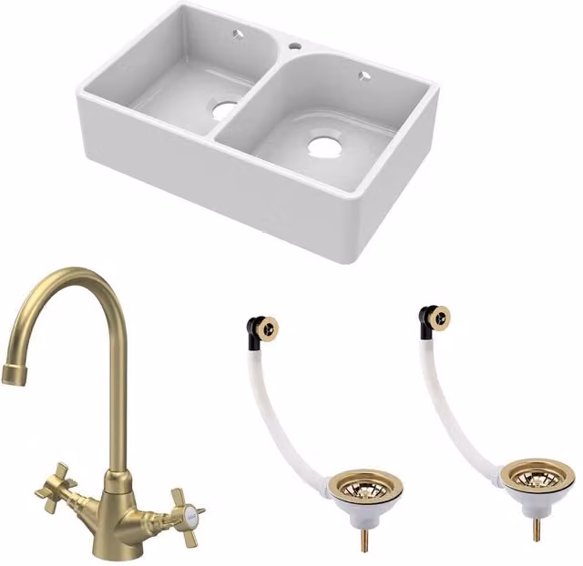 Balterley White Ceramic Double Bowl Butler Sink with Mono Crosshead Mixer Tap and Wastes in Brushed Brass, W: 79.5 cm – 1