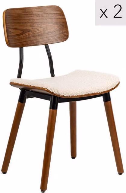 Nordlys Set of 2 Scandinavian Style Wooden Dining Chairs in White Bouclé Fabric and Brown Wood