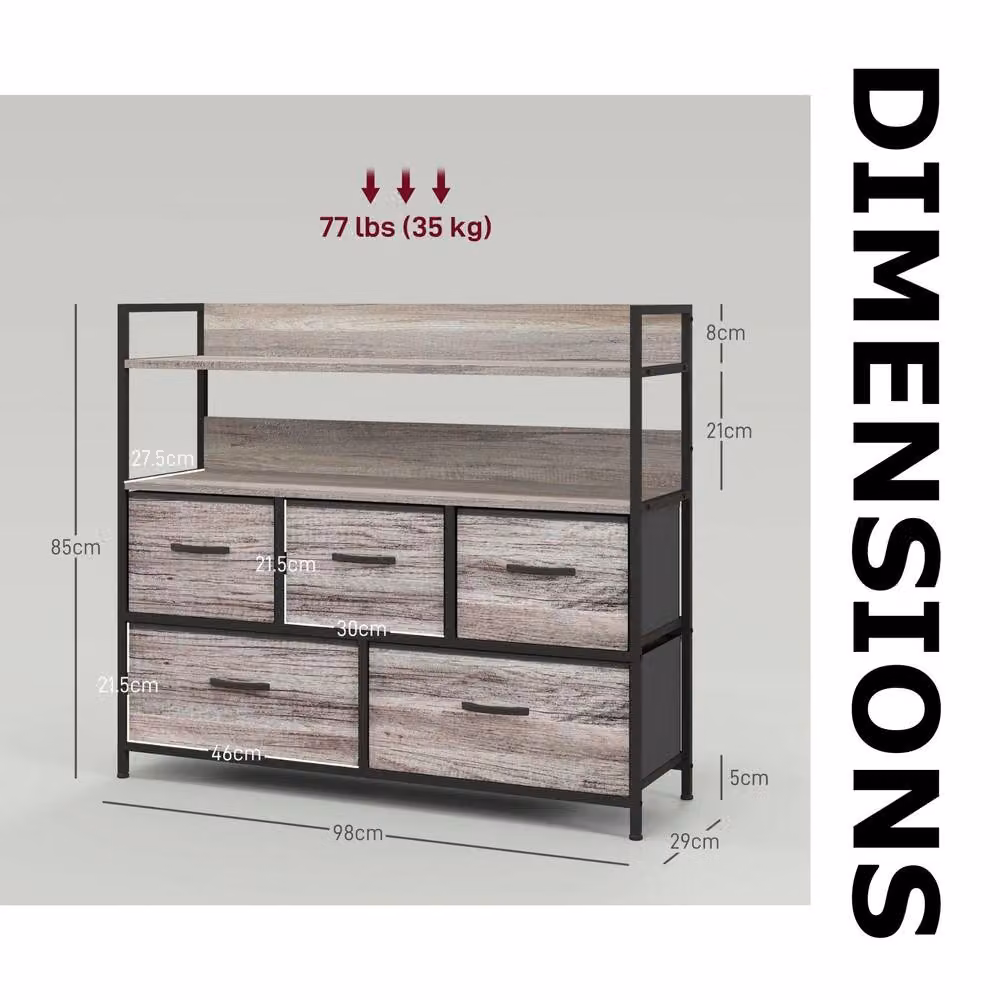 FURNOS Industrial 5 Drawer Chest Storage Unit with Shelves in Grey and Black Metal – 7