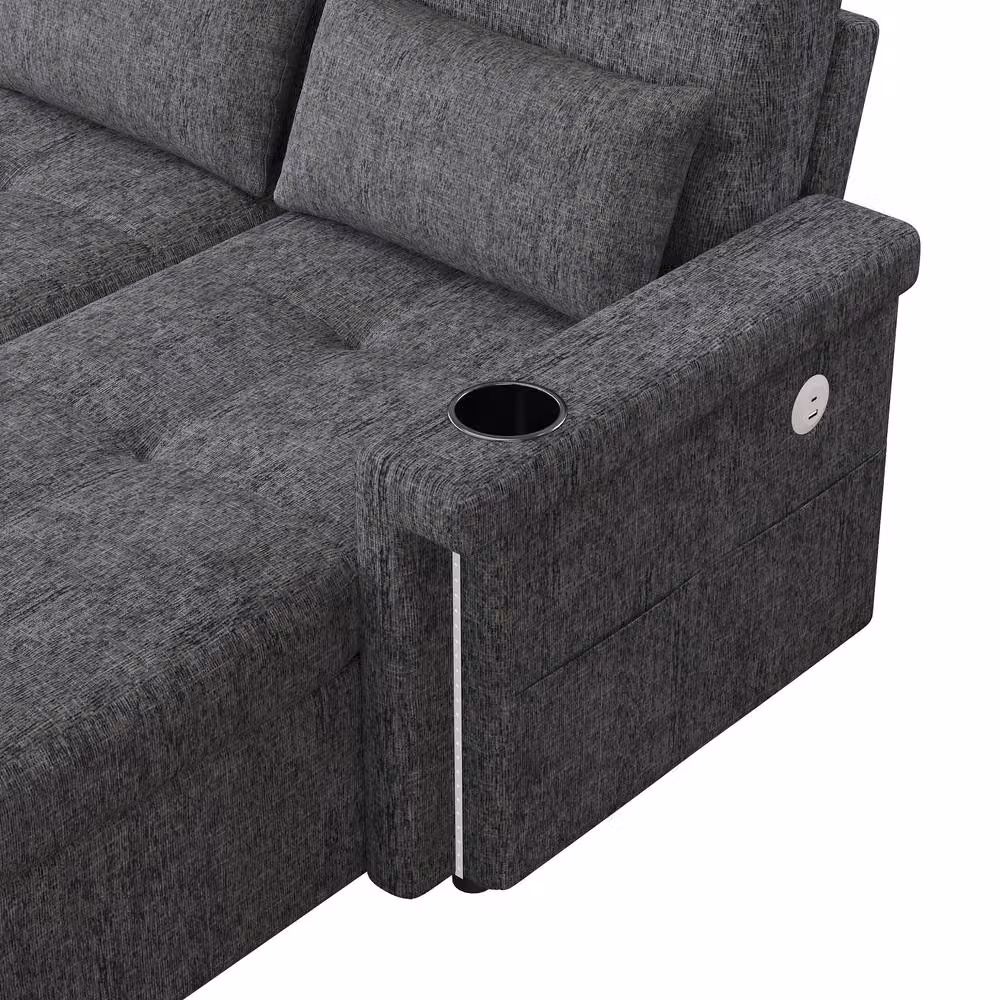 FENCHILIN Grey L-Shape Corner Pull-out Sofa Bed with LED Lighting and Adjustable Headrest – 7