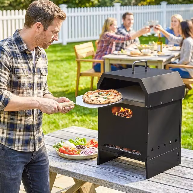 Outsunny 3 in 1 Portable Wood Fired Outdoor Pizza Oven with Stone Base, Black