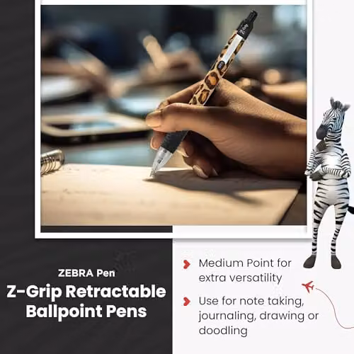 Zebra Z Grip Retractable Ballpoint Pens with Animal Design, Black Ink, 3 Pack – 4