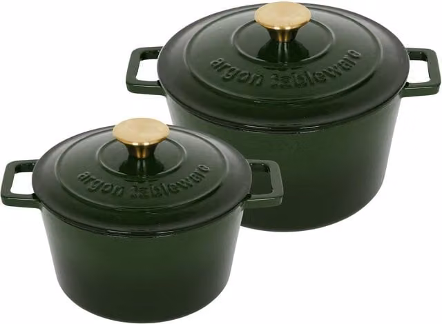 Argon Tableware 2pc Round Enamelled Cast Iron Casserole Dish Set with Lids, Green, 2.8 l and 4.5 l – 1