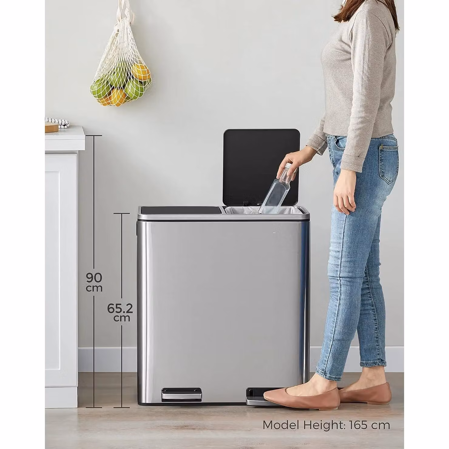 SONGMICS Dual Recycling Bin with Pedal and Multi Compartments in Silver – 2