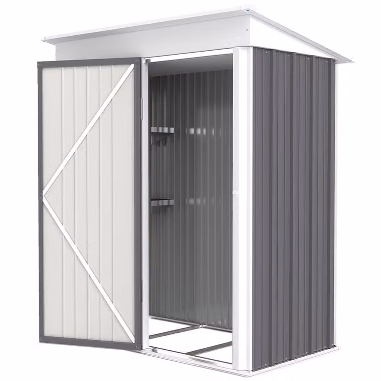 Rolipo Grey Metal Lean-To Pent Garden Shed with Shelving and Lock, W/D/H: 152.4 x 91.44 x 182.88 cm