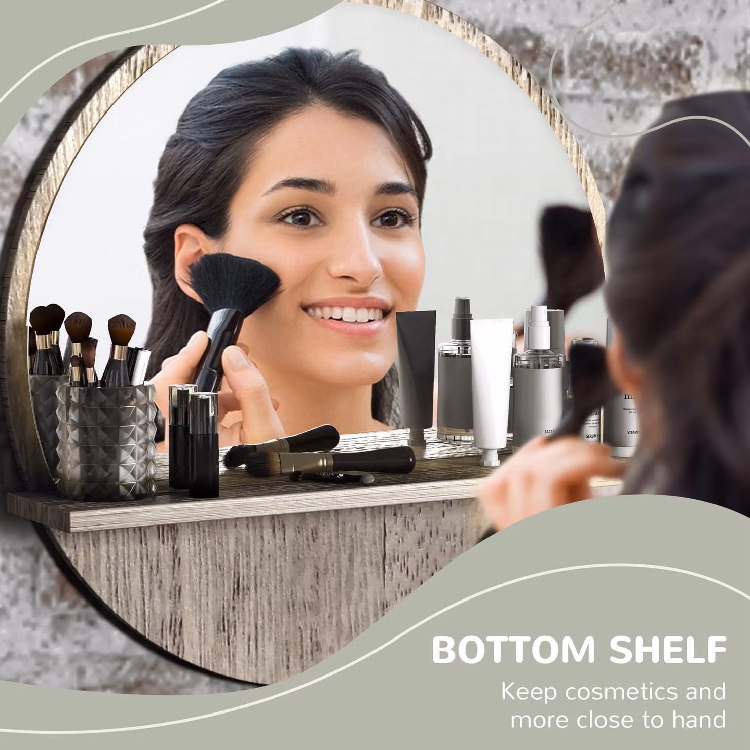 Kleankin Round Wall Mirror with Shelf, Grey Wood-Effect, Diameter: 45 cm – 4