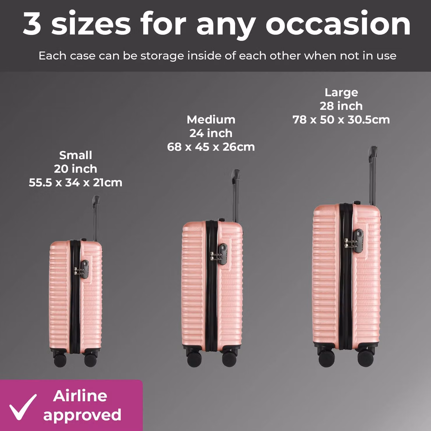 Neo 3 Piece Hard Shell Luggage Suitcase Set in Pink – 4