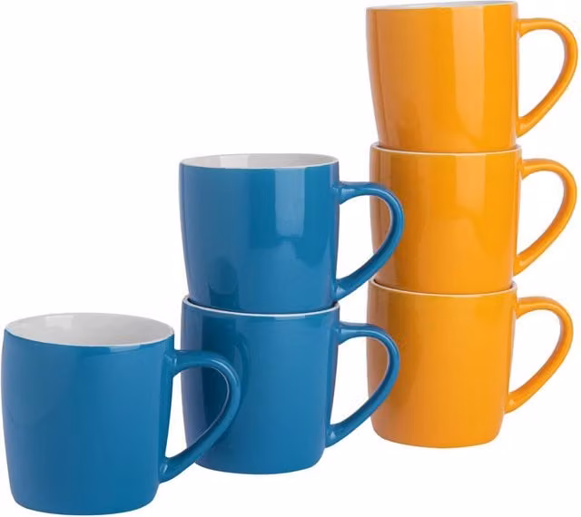 Argon Tableware Set of 6 Two-Tone Stoneware Coffee Mugs, Blue and Yellow, 350ml