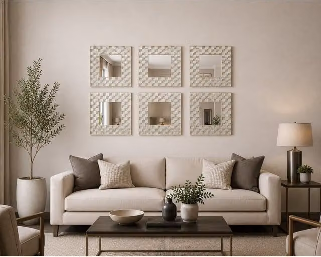 DEENZ Set of 6 White Art Deco Square Wall Tile Mirrors, Diameter: 40 cm