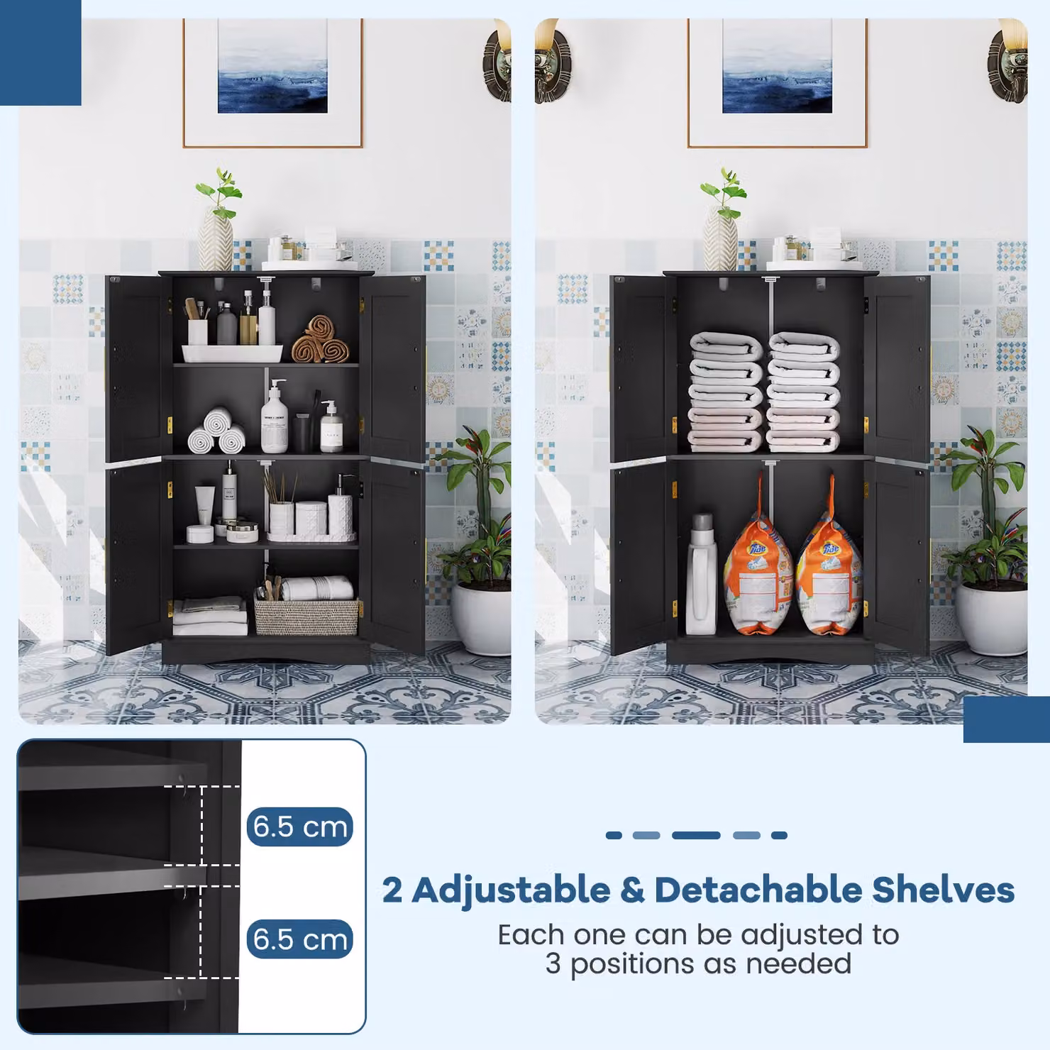 Costway Freestanding Bathroom and Kitchen Pantry Storage Cabinet in Black with Gold Details – 5