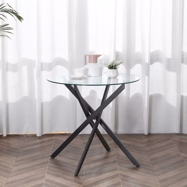 HOMCOM Modern Round Side Table with Black Metal Frame and Transparent Tempered Glass Top