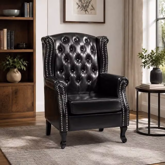 STILVORA Chesterfield Armchair with Black Faux Leather and Solid Wood Frame