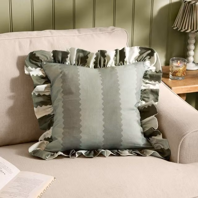 Wylder Birdie Stripe Green Cotton Ruffle Square Cushion, W/D/H: 45 x 45 x 45 cm