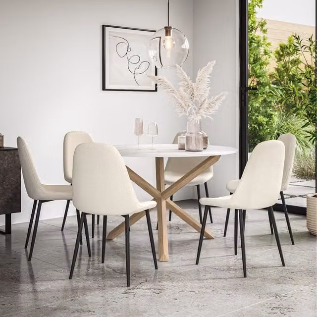 More4Homes Malvern Round Marble Effect Dining Table Set with 6 Maya Boucle Chairs in White and Oak, W/D/H: 120 x 120 x 75 cm