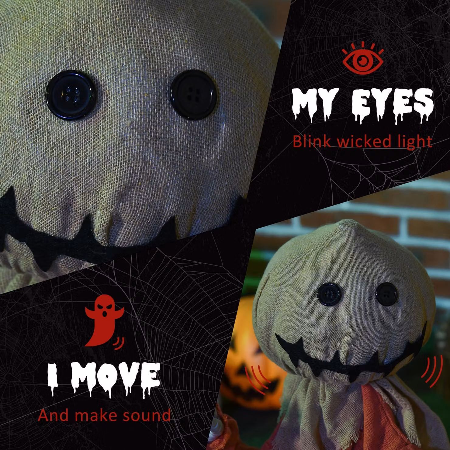 HOMCOM 80cm Halloween Scarecrow Decoration with Light Up Eyes and Sound Activation in Red – 5